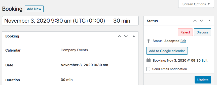 Editing the booking - WordPress Calendar Booking Plugin