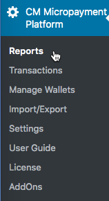 Navigation to the plugin Reports - WordPress User Wallet Credit System