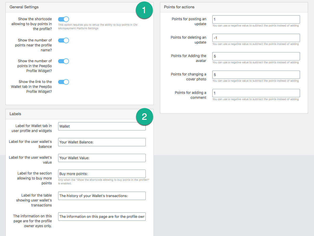 MicroPayments integration settings with PeepSo - WordPress MicroPayments