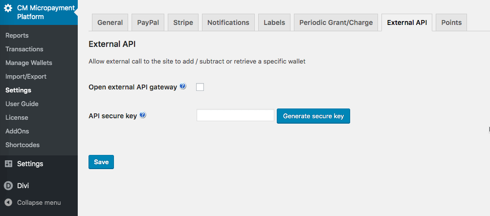 External API settings - WordPress User Wallet Credit System