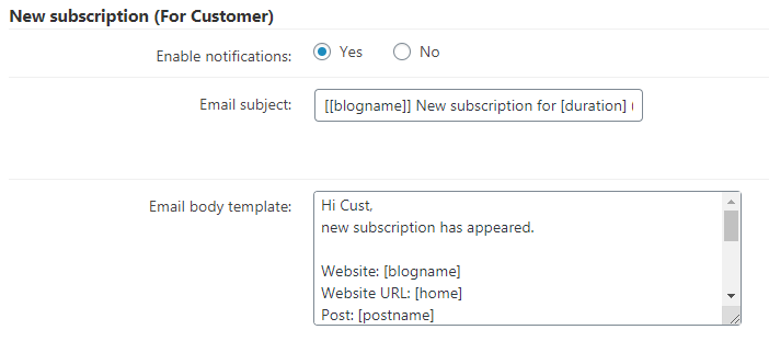 Email template for 'New subscription (For Customer)' - WordPress Paywall Plugin