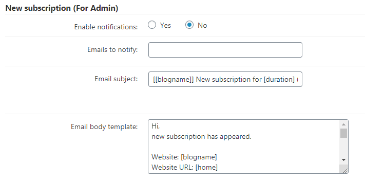 Email template for 'New subscription (For Admin)' - WordPress Plugin Paywall