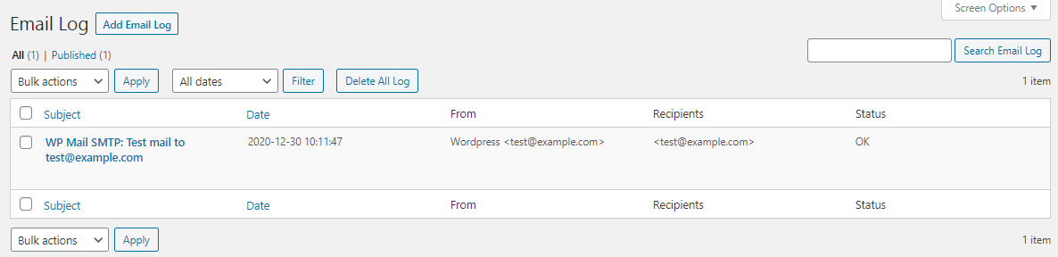 Example of how the items on a log look - SMTP for WordPress