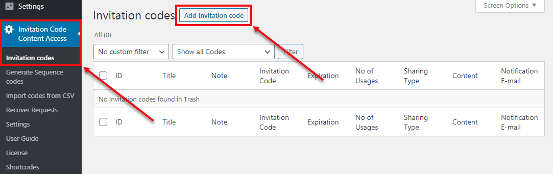 Creating new invitation code - Portal WordPress Plugin Private Content Per User