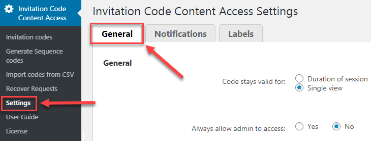 Navigation to the plugin settings - WordPress Register with Invitation Code