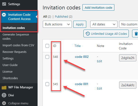 Invitation codes IDs - Restrict Content Plugin