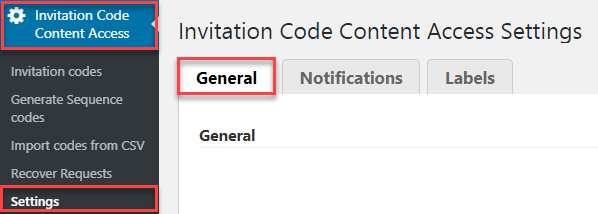 Navigation to the plugin general settings - Invitation Code Registration for WordPress