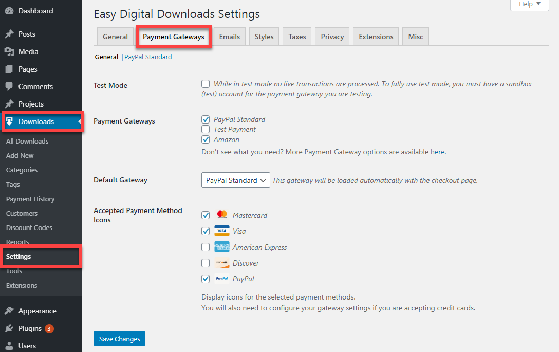 EDD Payment Gateways settings