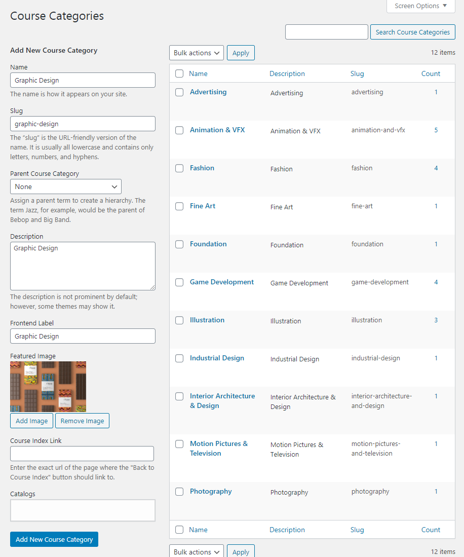 Dashboard for managing course categories - WordPress Plugin for Courses