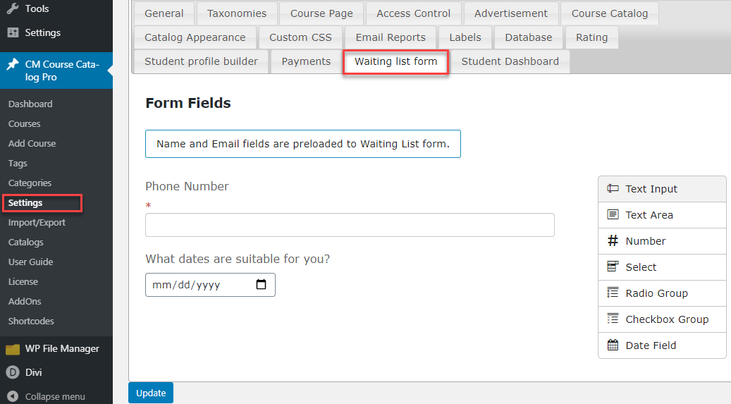 Waiting list form builder - WordPress Course Catalog Plugin