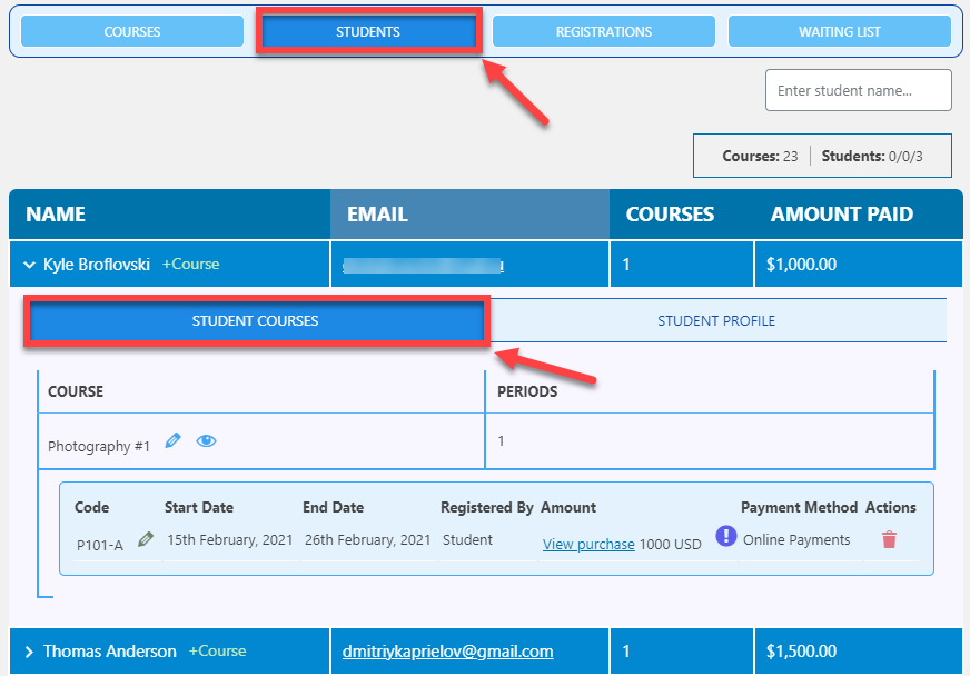 Dashboard: Students tab - WordPress Plugin for Courses