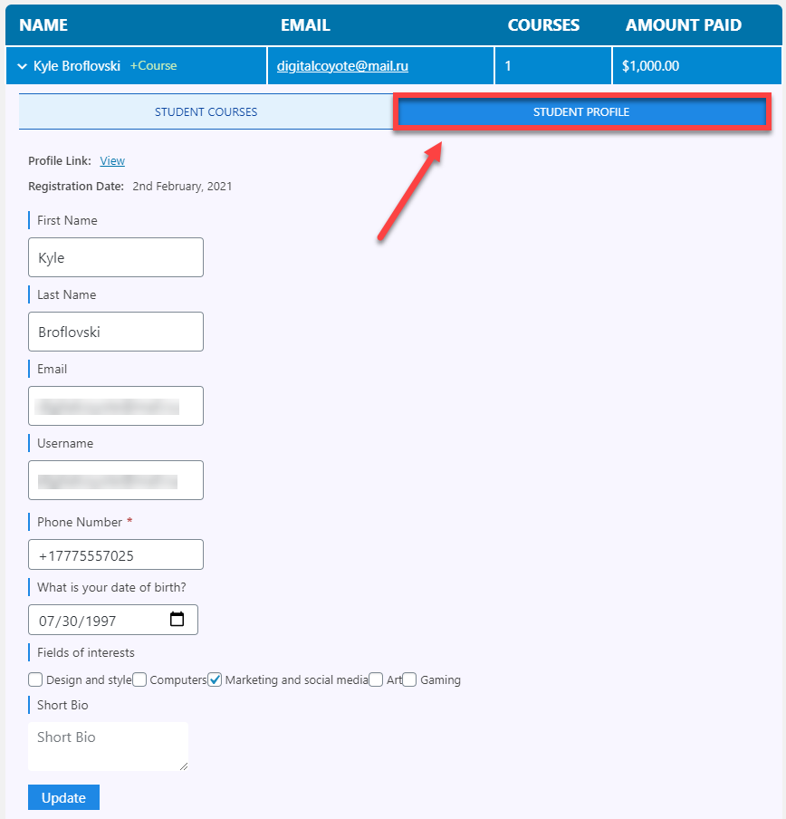 Managing student profile - E Learning WordPress Plugin