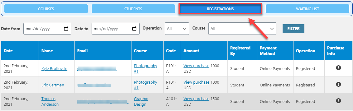 Dashboard: Registrations tab - WordPress LMS Addon