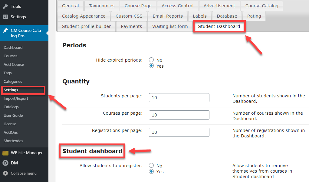 Student dashboard settings - WordPress Plugin for Online Courses