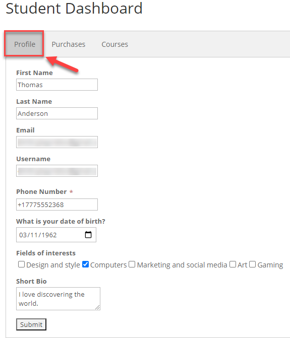 Student dashboard: Profile tab - WordPress Plugin for Online Courses