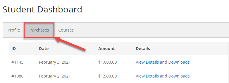 Student dashboard: Purchases tab - WordPress Plugin for Courses