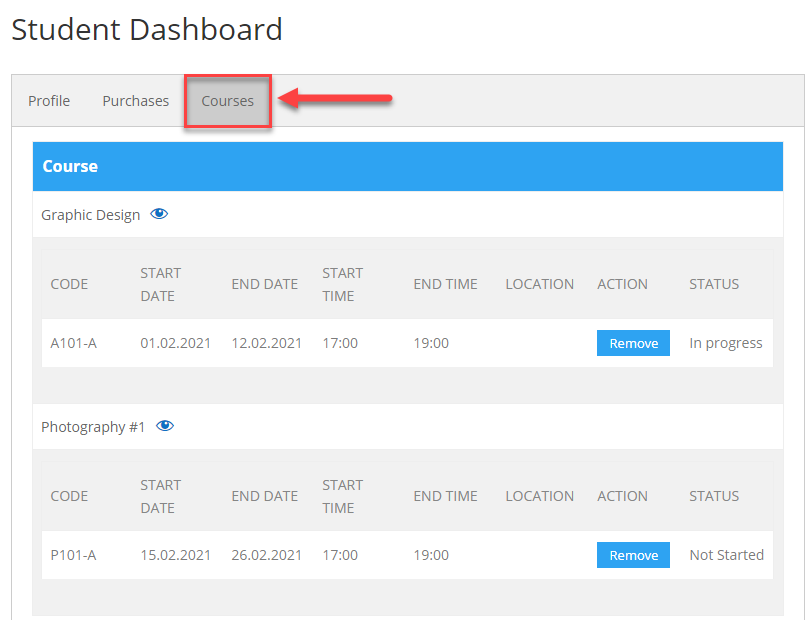 Student dashboard: Courses tab - E Learning WordPress Plugin