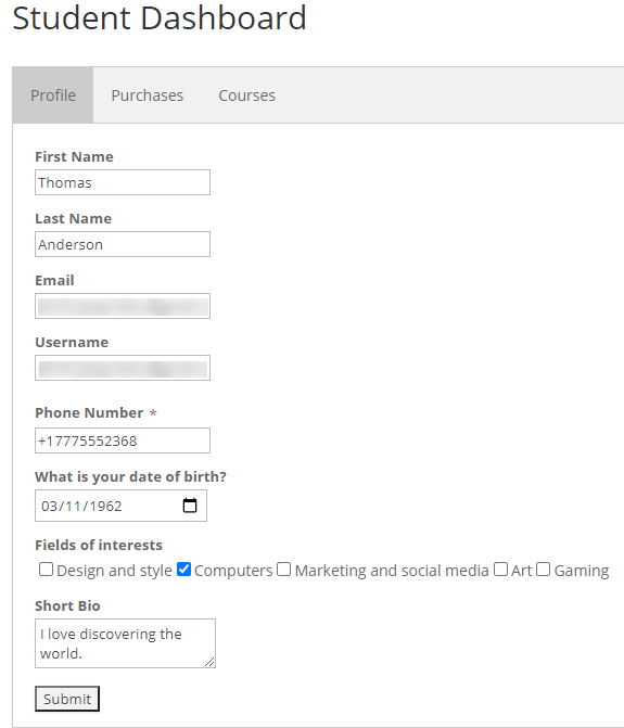 Student dashboard: Profile tab - WordPress Plugin for Online Courses