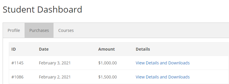 Student dashboard: Purchases tab - WordPress Plugin for Courses
