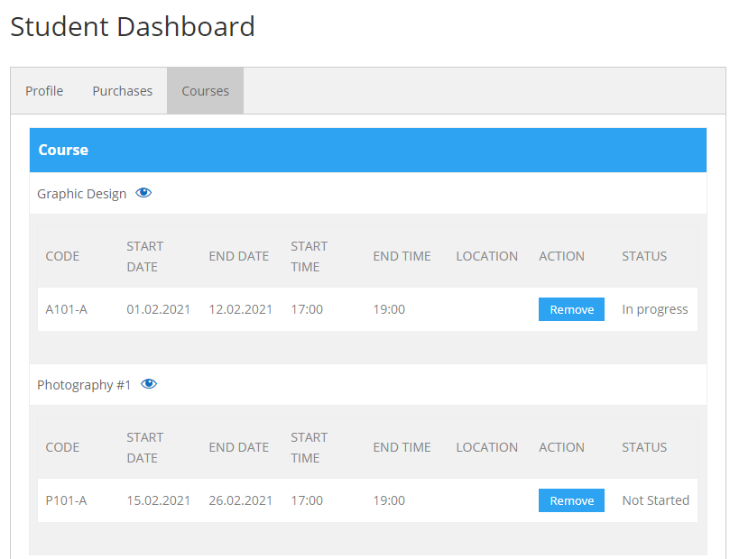 Student dashboard: Courses tab - E Learning WordPress Plugin