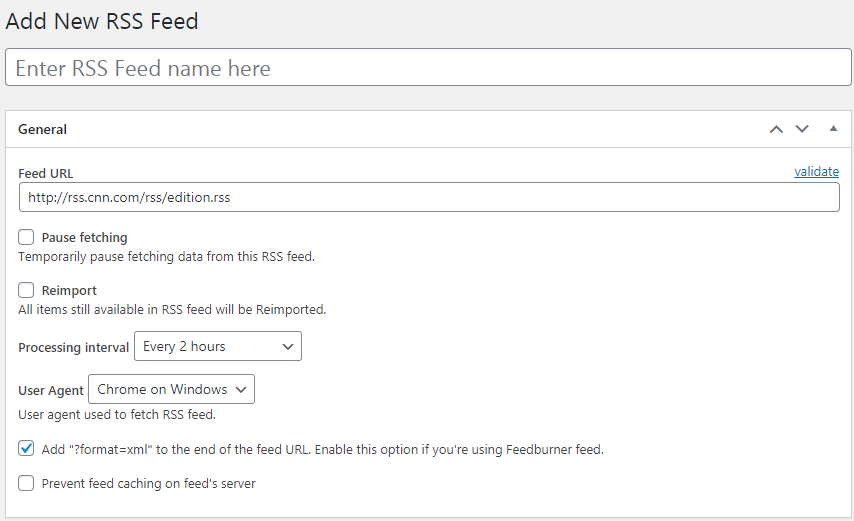 General settings of the RSS feed - RSS Importer WordPress