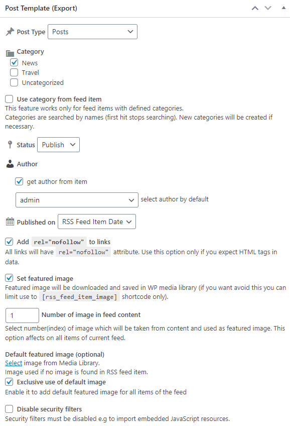 Post template settings - RSS Feeds Importer Plugin