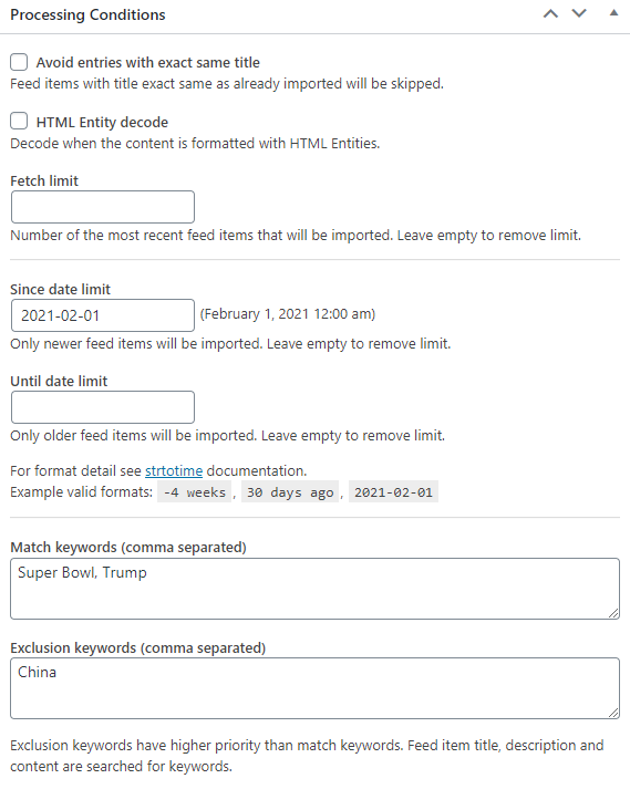 Processing conditions settings - RSS Importer WordPress