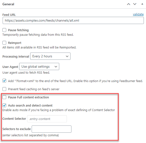 Full content extraction settings - RSS Importer WordPress