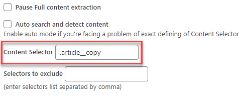 Specifying the content selector - RSS Importer WordPress
