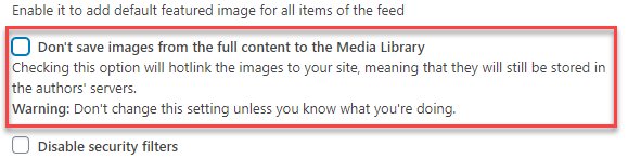 Disabling saving images to the Media Library - RSS Feeds Importer Plugin