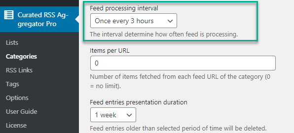 Setting up the processing interval - Curated RSS Aggregator