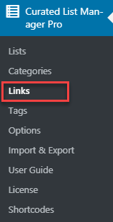 Navigation to the links dashboard - WordPress Content Aggregation