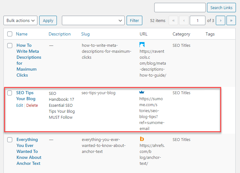 Managing created links - WordPress Content Curation Plugin