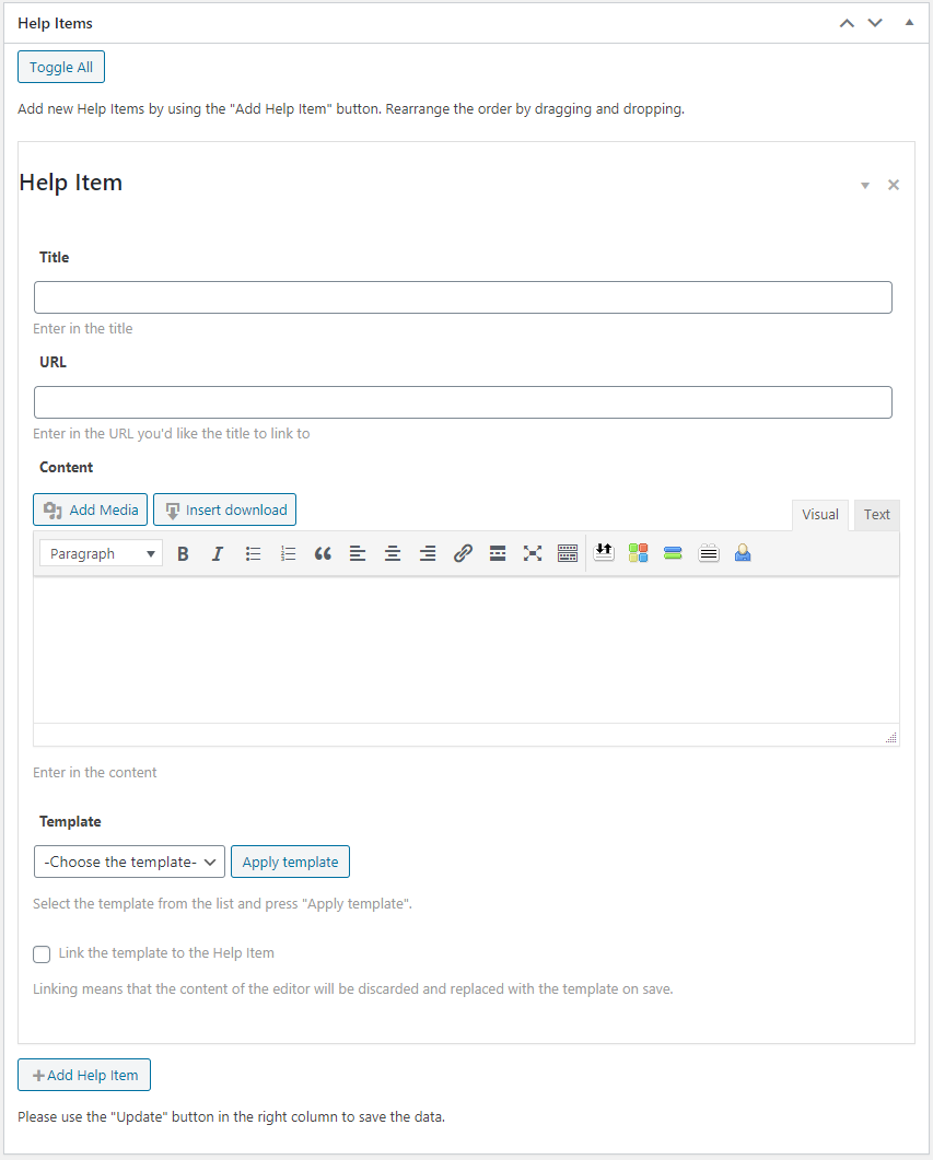 Form for adding help items - WordPress On Screen Walkthrough Plugin