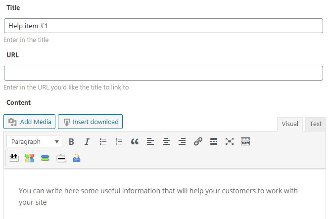 Example of adding a help item with text - Website Walkthrough WordPress Plugin