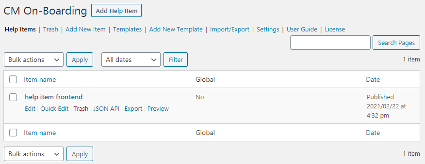 Options for managing help items - Walkthrough WordPress Plugin