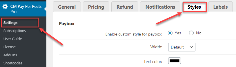 Styles settings - Pay-Per-Post Plugin