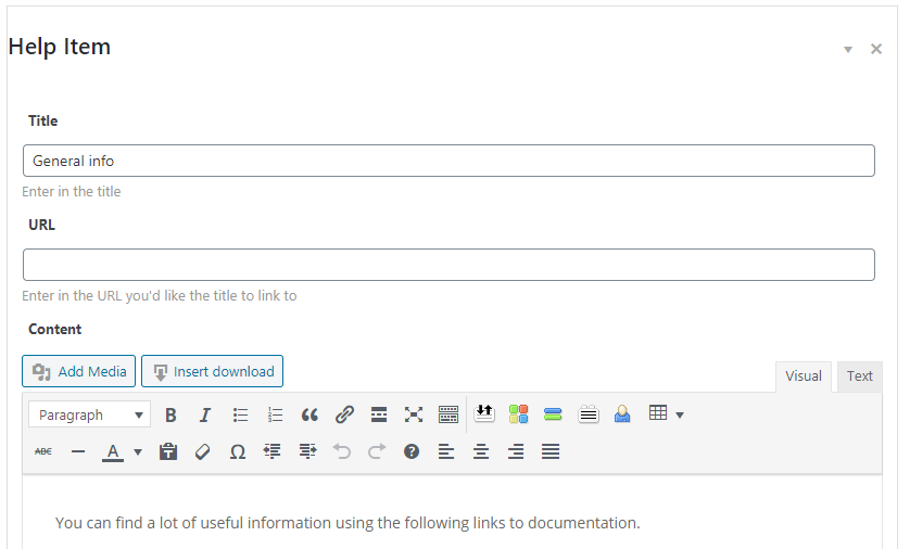 Example of adding a help item with content - Website Walkthrough WordPress Plugin