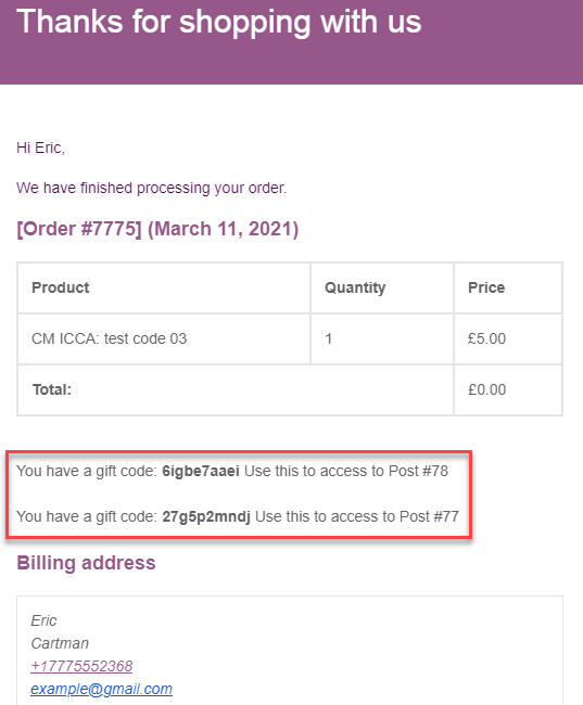 Example of sending a few gift codes for purchasing one WooCommerce product - Portal WordPress Plugin Private Content Per User