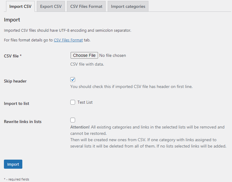 Import CSV settings - WordPress Content Curation Plugin