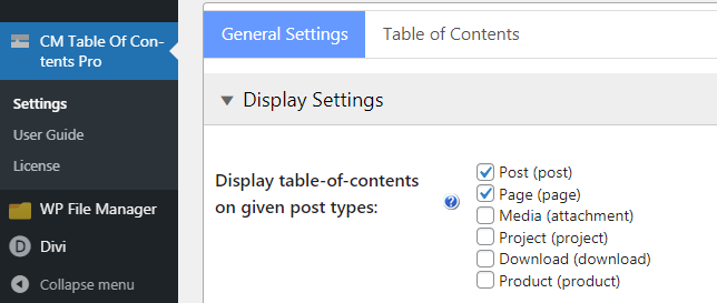 Choosing custom post types where to display TOC - Floating Table of Contents WordPress