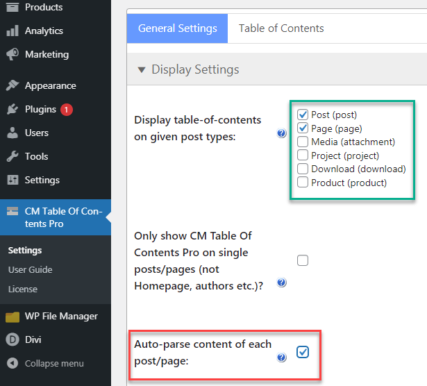 Enabling auto adding TOC to all pages of chosen post types - Add Table of Contents WordPress