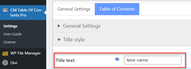 Changing the TOC name - WordPress TOC Plugin