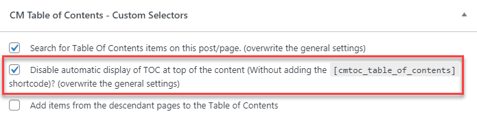 Disabling automatic displaying TOC on the page - WordPress Table of Contents