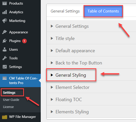 General styling settings section - Floating Table of Contents WordPress