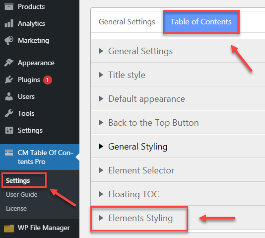 Elements styling settings section - TOC Table of Contents WordPress Plugin