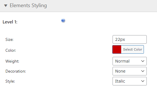 Elements styling settings - WordPress Table of Contents