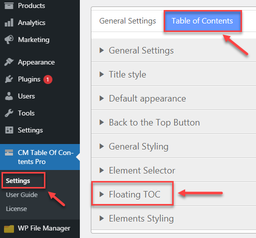 Floating TOC settings section - Add Table of Contents WordPress