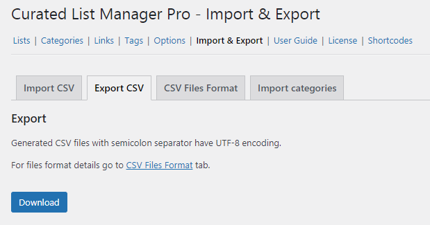 Export CSV settings - WordPress Content Aggregation