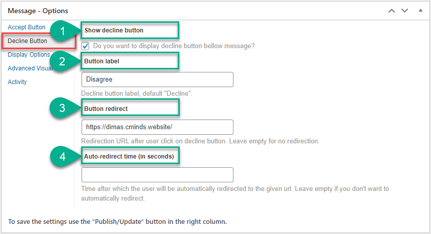 Decline button settings - WordPress Notification Popup